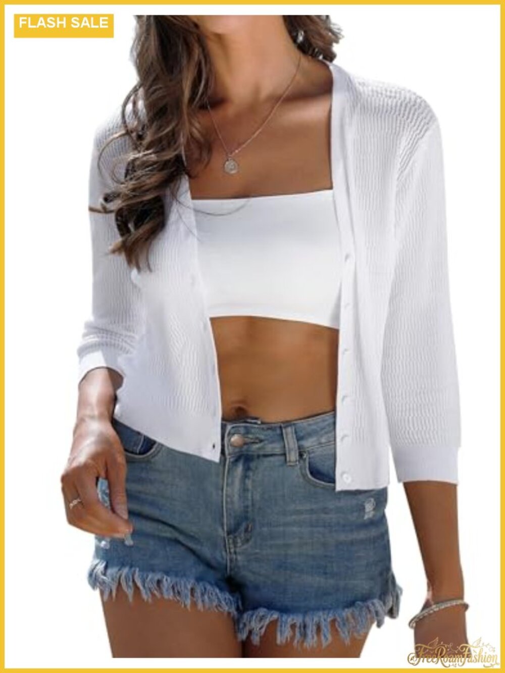 Lightweight Cropped Cardigan 3/4 Sleeve V-Neck Button Down Sweater